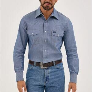 Wrangler Men's Medium Chambray Cowboy Cut Western Firm Finish Work Shirt Size XL